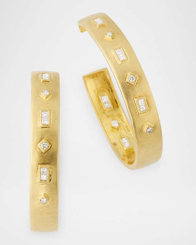 18K Yellow Gold Etruscan Diamond Hoop Earrings